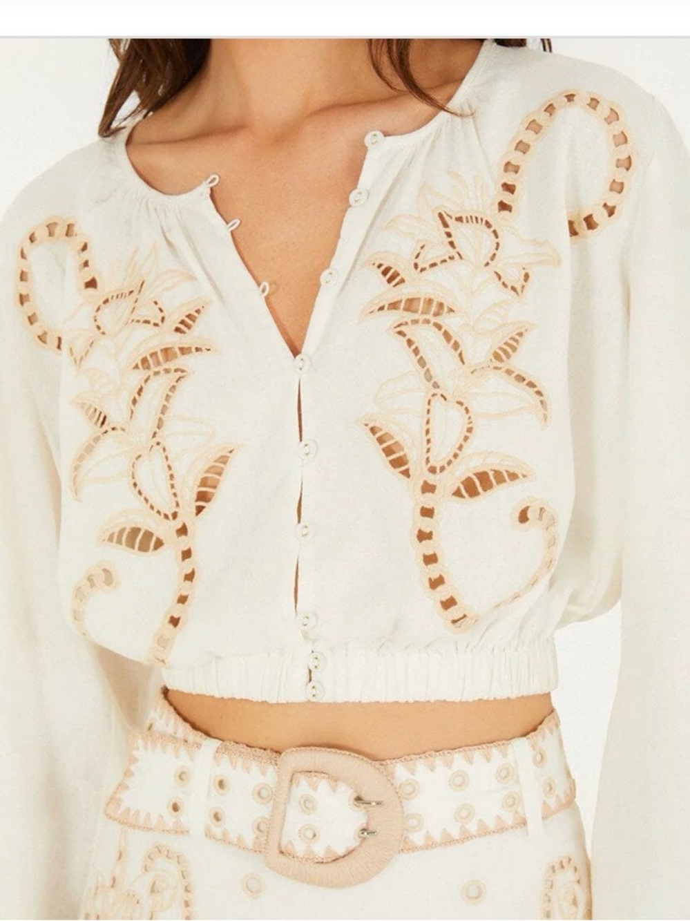 FARM Rio Cream Eyelet Embroidered Cropped Blouse - Picture 2 of 4